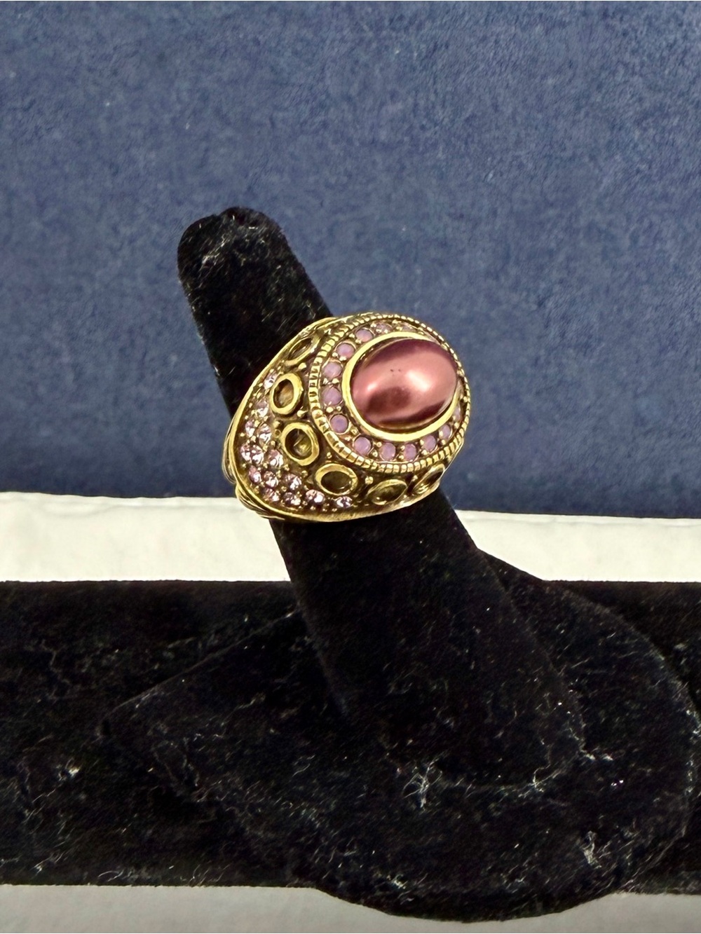 HEIDI DAUS Brass, Copper Faux Pearl, Pink Gemstones Statement Cocktail Ring; 5.5